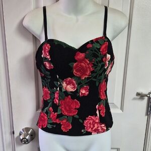 Guess Black Floral Sweetheart Bustier with Red Roses
